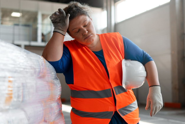 Ouvrière souffrante se tient la tête