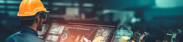 Un homme est en train de monitorer un écran futuriste avec un casque de chantier jaune sur la tête