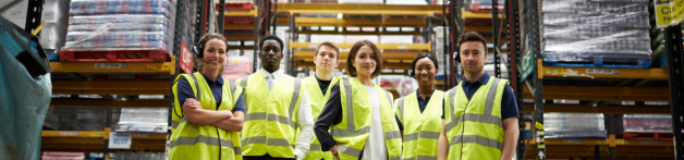 Une équipe d'ouvriers en gilet de haute-visibilité jaune dans une usine